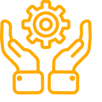 a yellow icon of a hand holding a gear